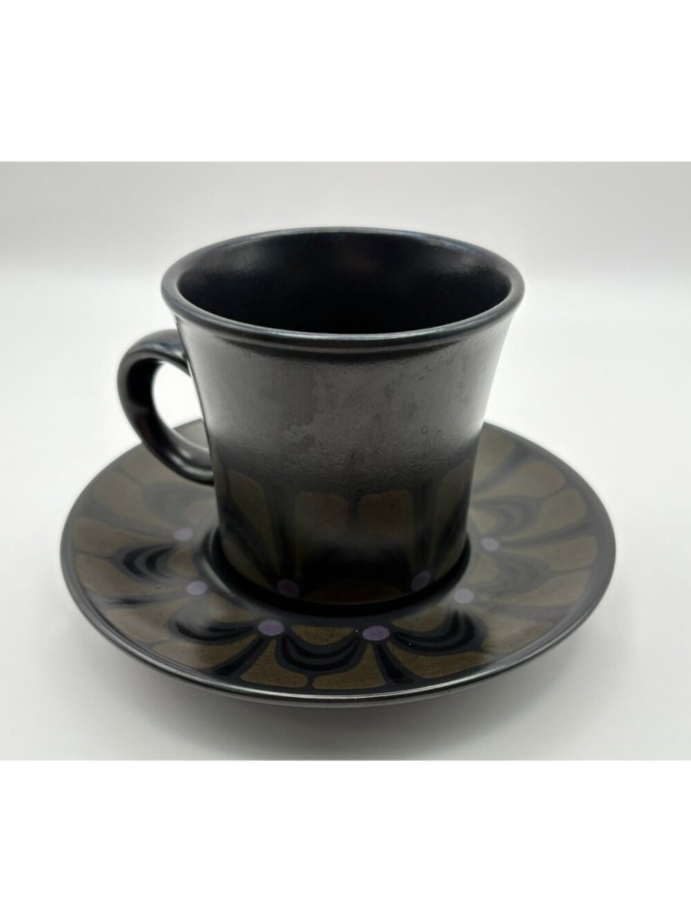 Franciscan Zanzibar Coffee Cup & Saucer Set Earthenware Black Purple 1960s Retro